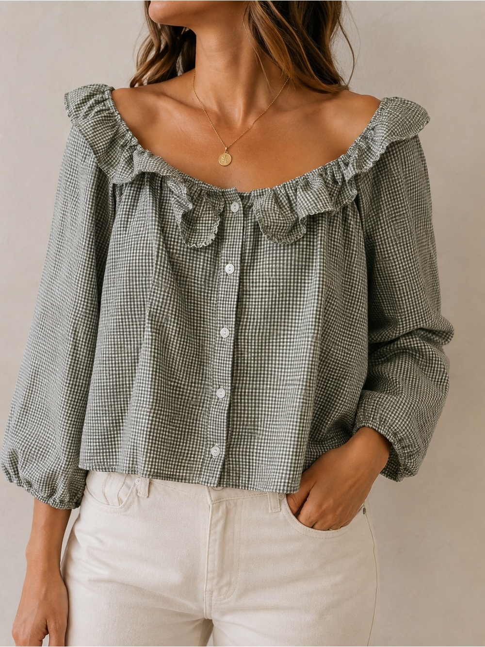 THINGS BETWEEN Ruffled Off-Shoulder Button-Front Blouse in Sage Gingham